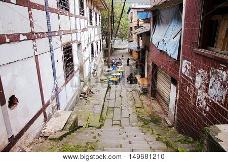CHONGQING CHINA - DECEMBER 30: An old side street in Ciqikou old town which is a popular travel destination in Chongqing for traditional architecture on December 30th 2014 in Chongqing