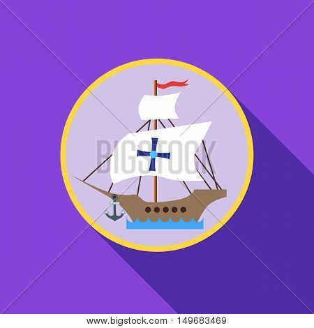 Ship with flag of Columbus icon in flat style with long shadow. Maritime transport symbol vector illustration