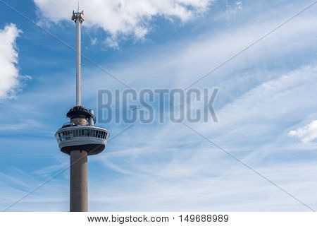 Rotterdam Netherlands - March 30 2016 : Euromast tower closeup against blue sky