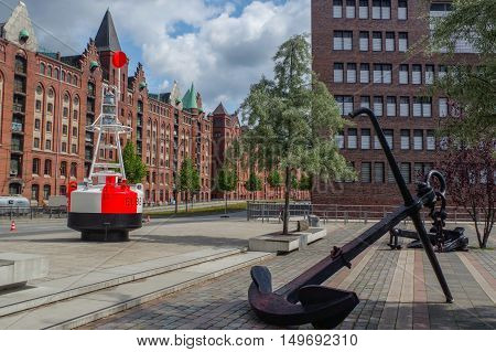 HAMBURG GERMANY - JULY 18.2016: Famous Speicherstadt warehouse district with blue sky and clouds