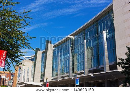WASHINGTON DC USA - SEPTEMBER 22: Facade of The Walter E. Washington Convention Center in Washington DC on September 22 2016. The center hosted inauguration balls international conferences and other memorable events.