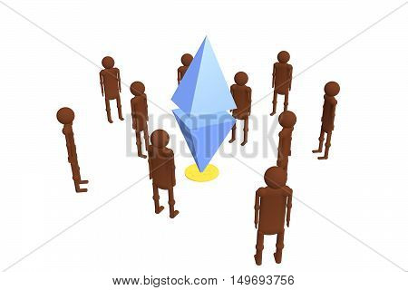 a lot of people standing around Ethereum sign. 3D rendering.