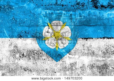 Flag Of Viljandi With Coat Of Arms, Estonia, Painted On Dirty Wall