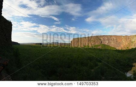 Landscape of Asbyrgi canyon at sunset Iceland