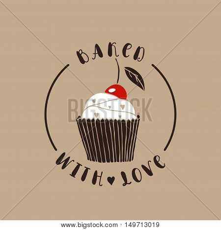 Baked with love. Bakery vector logotype. Hand drawn cupcake.