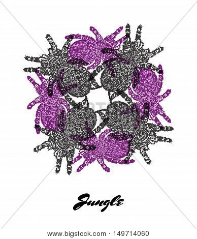 Jungle mood engraved fractal outlet composition. Bright colored composition with Jungle fauna and flora. Vector Illustration.