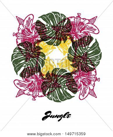 Jungle mood engraved fractal outlet composition. Bright colored composition with Jungle fauna and flora. Vector Illustration.