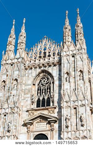 Detail of the facade of the Duomo di Milano (Milan Cathedral 1418-1577). Church monument symbol of Lombardy and of Italy.
