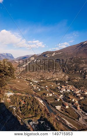 The Sarca Valley (Valle del Sarca) in winter. Aerial view from Arco di Trento Trentino alto Adige Italy Europe