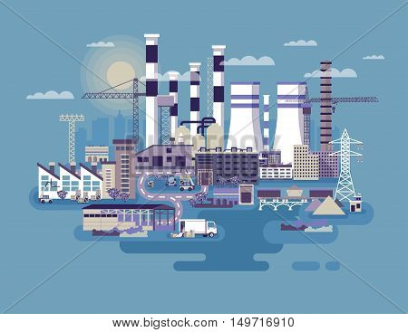 Stock vector illustration of an industrial zone with factories, plants, warehouses, enterprises in the flat style