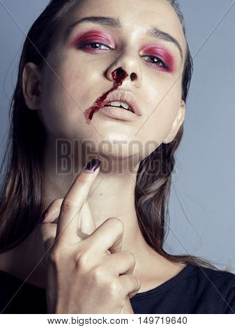 problem depressioned teenager with bleeding nose, real junky close up, lifestyle people concept