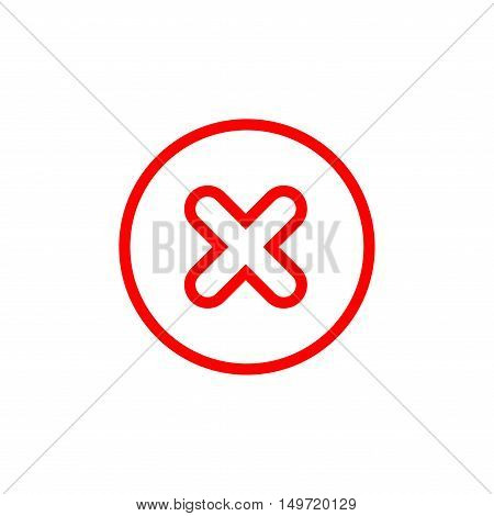 Cross sign element. Red X icon isolated on white background. Simple mark graphic design. Round button for vote decision web. Symbol of error check wrong or stop failed. Vector illustration