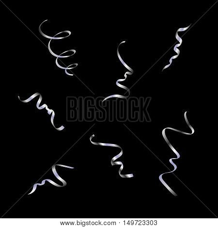 Silver streamers confetti set. Serpentine ribbons isolated on black background. Decoration for party birthday celebrate or Christmas carnival New Year gift. Festival decor. Vector illustration
