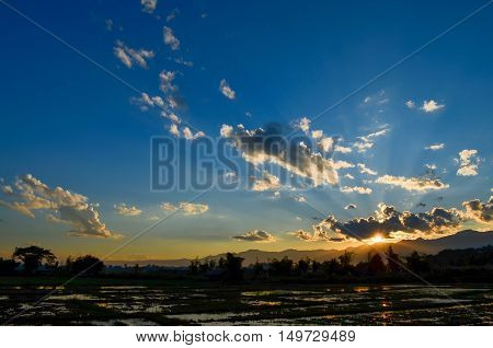 Evening sky with the sun of the countryside.