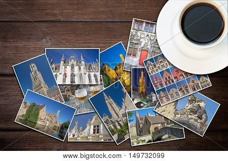 White cup of coffee and photos from Bruges (Belgium) are lying on a wooden desk. Photo is edited as vintage with dark edges.