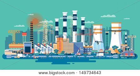Stock vector illustration of an industrial zone with factories, plants, warehouses, enterprises in the flat style