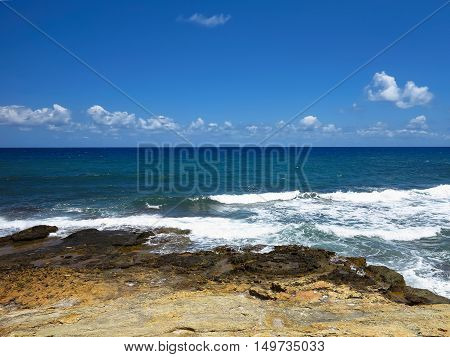 Clear azure sea water landskape and rocks near Crete coast Greece