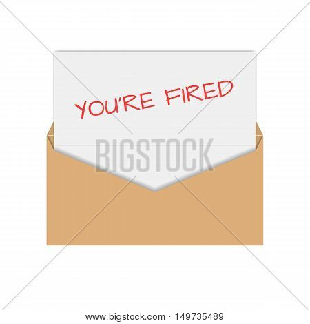 Realistic envelope of yellow paper with a letter notice you are fired flat icon vector illustration.