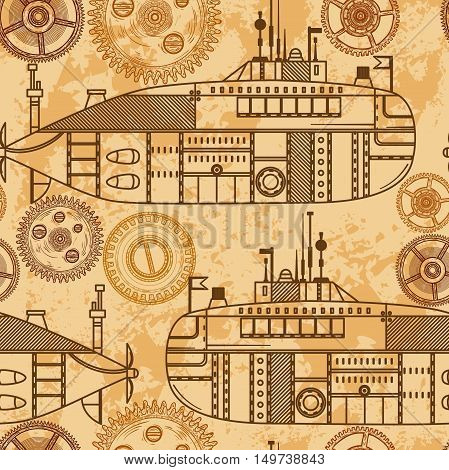 Vintage seamless pattern with submarine and machine gears. Vector illustration in steampunk style.