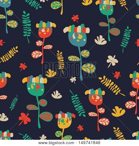 Seamless flower retro background pattern in vector Hand drawn style