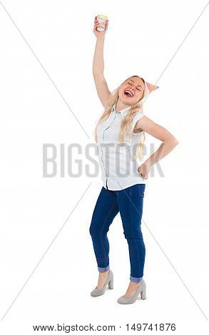 girl having fun at a party. isolated on white background. Happy girl in party cap joyfully laughs and congratulates. the concept of give a toast. to raise a glass at a birthday party