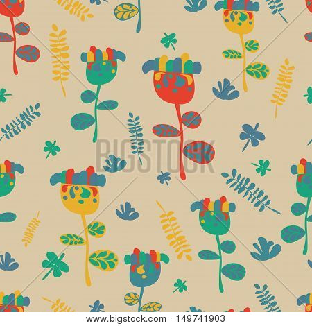Seamless flower retro background pattern in vector Hand drawn style