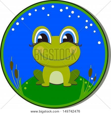Sticker with a funny frog on the white background. Frog cartoon sitting