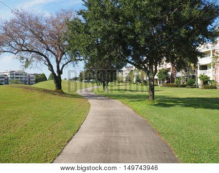 macadam path or walkway by a golf course and trees