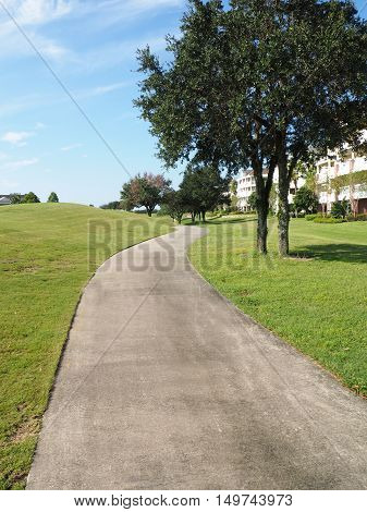 macadam path or walkway by a large grass area and trees