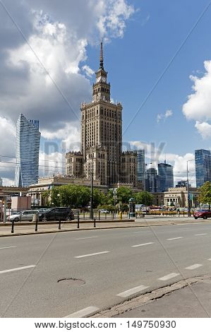 WARSAW POLAND - JUNE 11 2016: Famous Palace of Culture and Science that is the tall building with an overall height of 237 meters is located in downtown