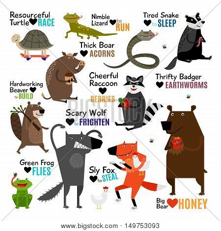 Set of cartoon wild animals with captions