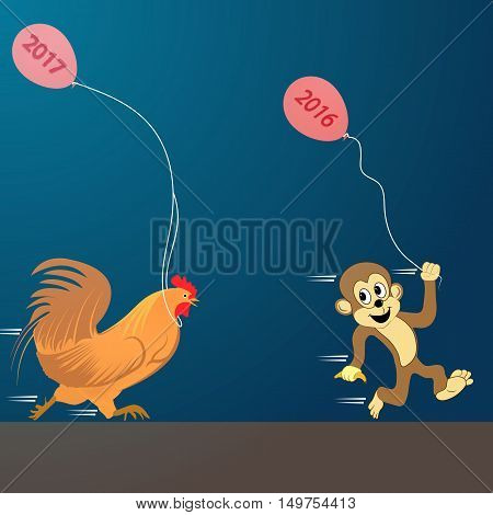 Cock with monkey set. Vector illustration. new Year 2017
