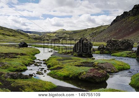 Landscape with Eldgja canyon and spring south Iceland