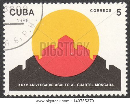 MOSCOW RUSSIA - CIRCA SEPTEMBER 2016: a stamp printed in CUBA dedicated to the 35th Anniversary of the Assault on Moncada Fortress circa 1988