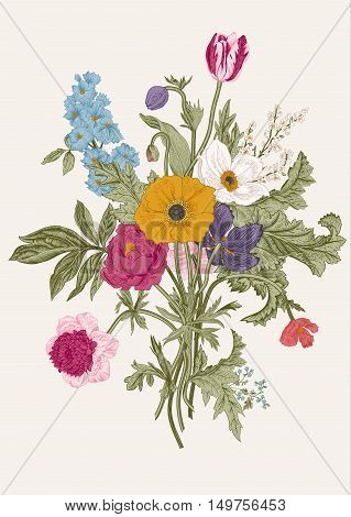 Victorian bouquet. Spring Flowers. Poppy anemones tulips delphinium. Vintage botanical illustration. Vector design element.