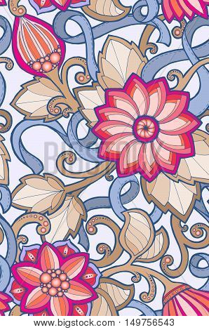 Seamless ornamental colorful pattern with stylized abstract flowers. Ethnic floral design template can be used for wallpaper, pattern fills, textile, fabric, wrapping, surface textures