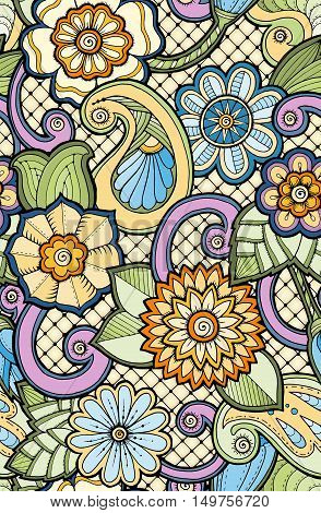 Seamless ornamental colorful pattern with stylized abstract flowers. Ethnic floral design template can be used for wallpaper, pattern fills, textile, fabric, wrapping, surface textures