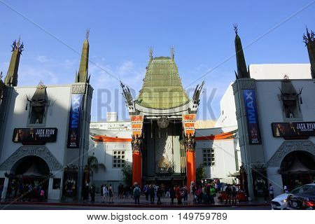 LOS ANGELES - JANUARY 23:: Afternoon shadow casts on Grauman's Chinese Theater with IMAX on January 23 2014 located on Hollywood Boulevard in Hollywood California. Hand prints of celebrities are ensconced in front of the building.