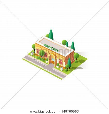 Stock vector illustration isometrics isolated grocery shop building with arranged territory for business center on a white background
