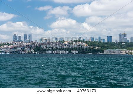 ISTANBUL TURKEY - JUNE 25 2015: Panoramic view of Istanbul and Bosphorus which separates Asian Turkey from European Turkey in Istanbul Turkey