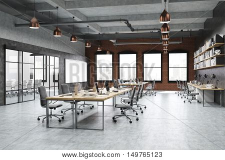 Designer studio interior with computers on large tables and shelves with folders hanging on concrete walls. Concept of people hive. 3d rendering.
