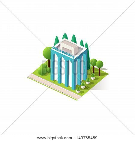 Stock vector illustration isometrics isolated multistory building with offices and skyscraper with apartments, arranged territory for business center on a white background