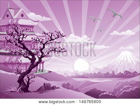 Asian Palace - the landscape in purple tones the view from the hill to the lake and the volcano. Vector illustration
