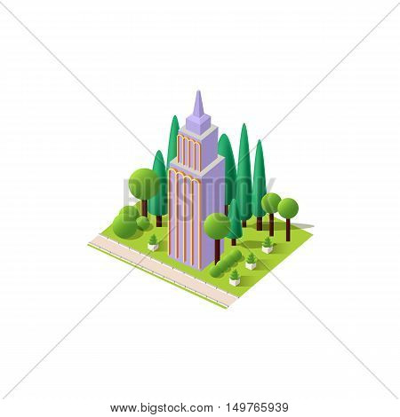 Stock vector illustration isometrics isolated multistory building with offices and skyscraper with apartments, arranged territory for business center on a white background