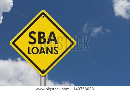 SBA Loans yellow warning highway road sign Yellow warning highway sign with words SBA Loans with sky background 3D Illustration