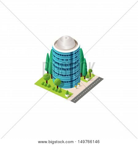 Stock vector illustration isometrics isolated multistory building with offices and skyscraper with apartments, arranged territory for business center on a white background