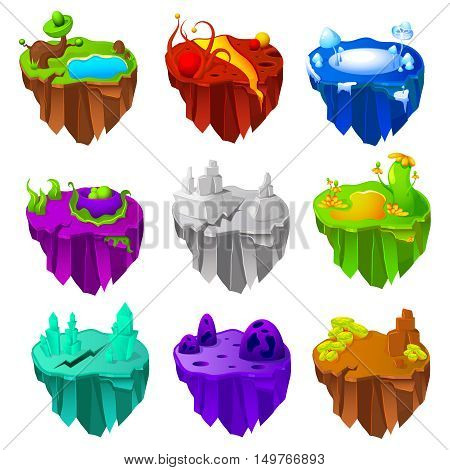 Set of colorful islands game design  with vegetation near lakes cracks craters and crystals isolated vector illustration