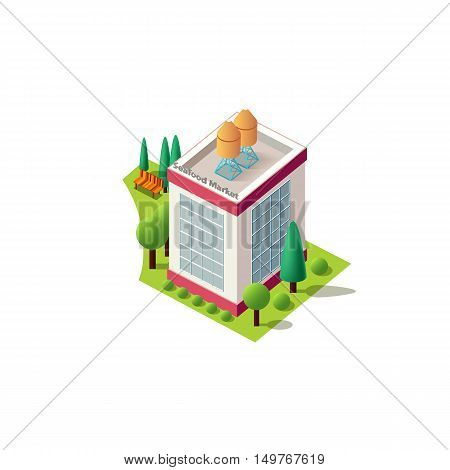 Stock vector illustration isometrics isolated Seafood market building with arranged territory for business center on a white background