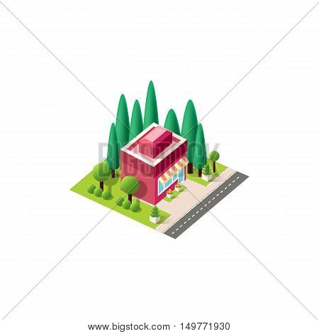 Stock vector illustration isometrics isolated small business shop building with arranged territory for business center on a white background