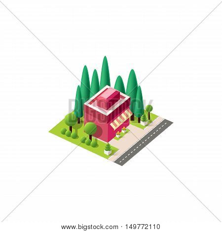Stock vector illustration isometrics isolated small business shop building with arranged territory for business center on a white background